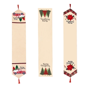 Linen Christmas table runner set with gnomes and trees and red tassel accents