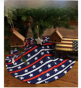 Detail of USA flag themed Christmas tree skirt with stars and stripes in festive home decor