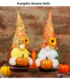 Detailed look at pumpkin gnome plush set featuring sunflower and maple leaf hats