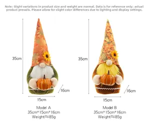 Size guide showing 35cm tall plush gnome gnomes with pumpkin and sunflower details