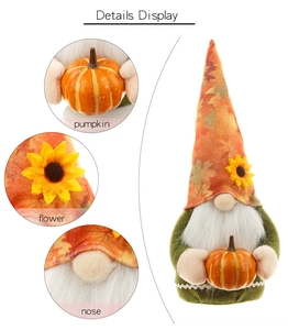 Detail display of autumn gnome showing pumpkin accessory, sunflower and plush fabric texture