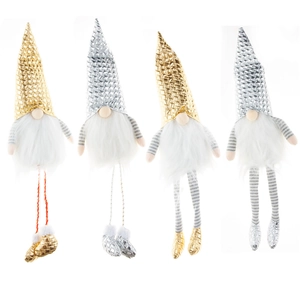 Set de cuatro gnomos de Navidad dorados y plateados con piernas largas y gorros