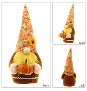 Three-view display of autumn gnome plush with pumpkin patterns and sunflower details