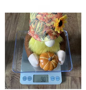 Detail shot of a Thanksgiving gnome on a digital scale showing a weight of 90.7 grams