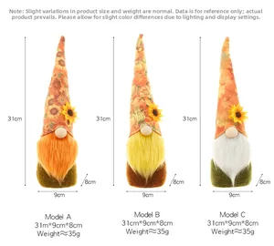 Detailed view of three Thanksgiving gnomes with sunflower and pumpkin hat patterns
