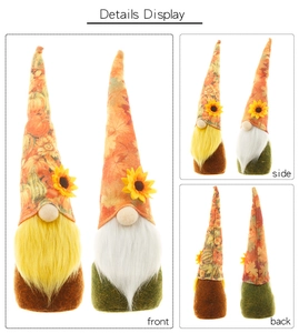 Detailed views of Thanksgiving gnomes with pumpkin hats and sunflower accents
