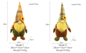 Especificaciones detalladas de tamaño para gnomo de peluche con girasol otoñal
