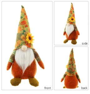 Vistas frontal lateral y trasera de un gnomo de peluche de otoño con una flor de girasol