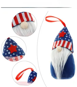Macro details of patriotic gnome featuring star patterns, striped hat, and red hanging string