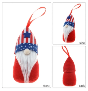 Three-sided view showing front, side and back of the patriotic Independence Day gnome ornament