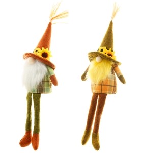 Dettaglio di gnomi autunnali con girasoli, motivi a quadri e gambe lunghe