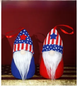 Detail of USA Independence Day gnome ornaments with patriotic stars and stripes design