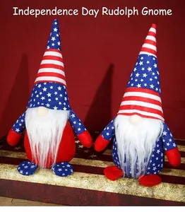 Close-up of Independence Day gnomes with star and stripe patterns on red velvet