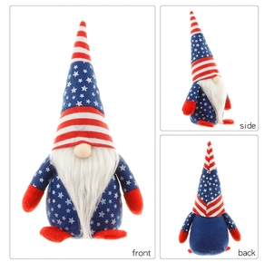 Three-sided view of patriotic Fourth of July gnome with stars and stripes hat