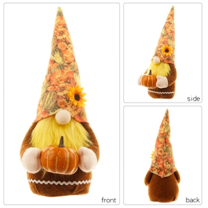 Front side and back views of a Thanksgiving fall gnome plush with pumpkin and sunflower