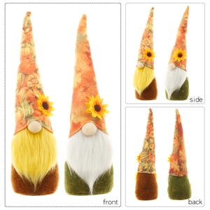 Front, side, and back views of two Thanksgiving gnomes with sunflower and maple leaf hats