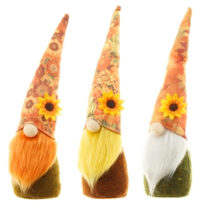 Set of three fall harvest gnomes with sunflower and maple leaf hats for Thanksgiving
