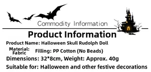 Specificaties van de Halloween Rudolf pop met afmetingen, stof en PP-katoen vulling