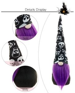 Detailed views of Halloween gnome featuring skull hat and purple faux fur beard
