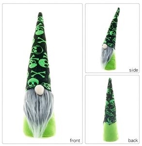 Front, side, and back views of Halloween gnome with neon green skeleton pattern hat