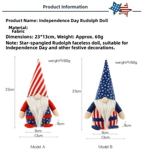 Detailed size specifications for Independence Day gnome plush with red and blue star patterns