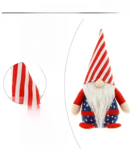Detailed close-up showing the knit hat, plush face, and feet of the patriotic gnome doll
