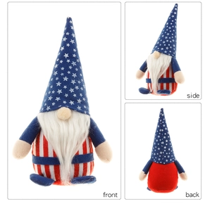 Detailed front, side and back views of a patriotic American Independence Day gnome doll