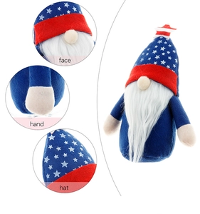 Detail view of American Independence Day gnome showing plush beard, hand, and star hat textures