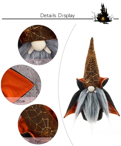 Detail view of Halloween gnome featuring spider web hat pattern and plush beard texture