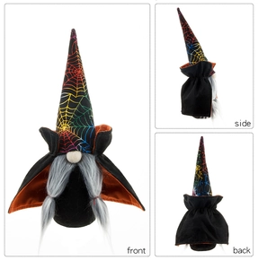 Three-view display showing front, side, and back of Halloween witch gnome decoration