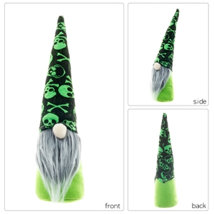 Halloween gnome plush with skull hat shown from front, side, and back views