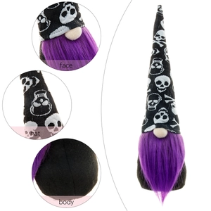 Halloween purple gnome with skull hat and plush body for festive home window decoration