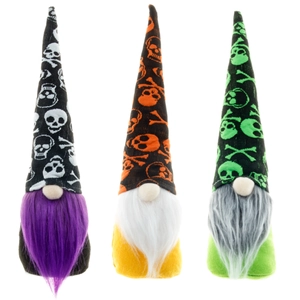 Three Halloween faceless gnomes with skull hats and plush beards for home decoration