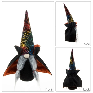 Halloween vampire gnome with spider web hat shown in front, side, and back views