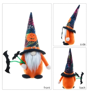 Detailed front side and back views of a Halloween gnome with spider web hat and pumpkin