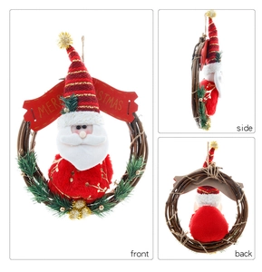 Three-view detail of Christmas rattan wreath with Santa plush and Merry Christmas banner