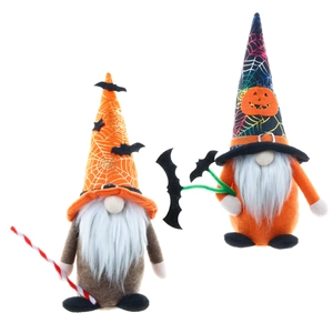 Set of two Halloween gnomes with spider web hats and bat decorations on white background