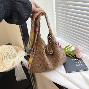 Handmade Crochet Tote Bag For Women Bohemian Hollow Knitted Shoulder Bag With Colorful Floral Strap Casual Beach Hobo Bag