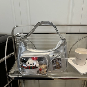 Women PU Leather Ita Bag Transparent Display Window Shoulder Bag With Bow Cute Harajuku Style Daily Casual Crossbody Bag