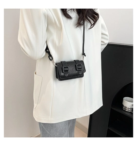 Detailed side view of a mini black crossbody bag with double square buckles and chain strap