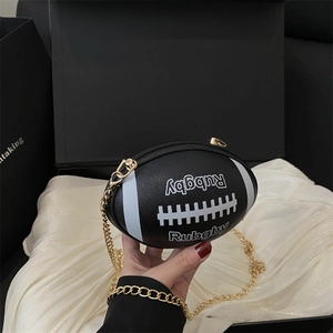 Creative football-shaped crossbody bag in black PU leather with gold chain and white stripes