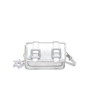 Mini silver metallic laser crossbody bag with chain strap and square buckle detail