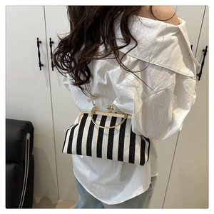 Detail of vintage black and white striped clutch with gold metal handle and frame