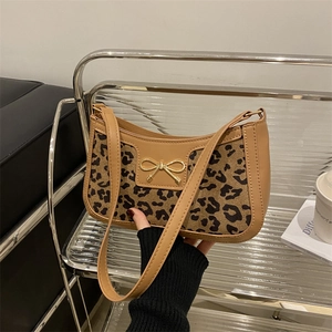 Leopard Print Underarm Bag For Women Vintage Bowknot Metal Decoration PU Leather Splicing Handbag Fashion Elegant Baguette Shoulder Bag