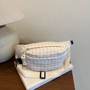 Women Korean Gingham Canvas Waist Bag Outdoor Casual Chest Bag Adjustable Strap Double Zipper Fashion Student Fanny Pack