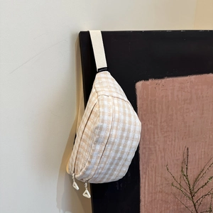 Minimalist beige checkered crossbody chest bag with embroidery and adjustable strap