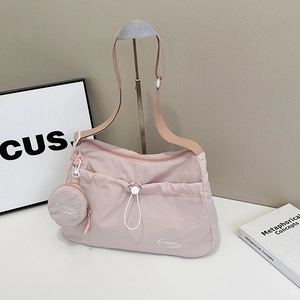 Pink pleated canvas tote bag with fashion lettering and matching mini round purse pouch