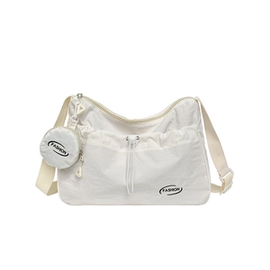 Large white canvas tote bag with drawstring pocket and a round mini coin purse detail