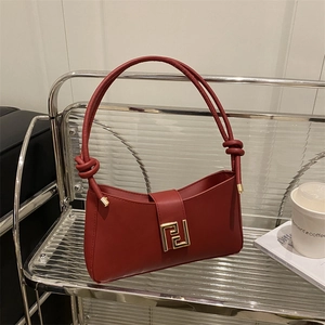 Women Fashion PU Leather Underarm Bag Retro Shoulder Bag With Gold Metal Buckle And Knot Strap Casual Solid Color Baguette Bag