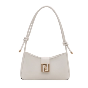 Minimalist white baguette underarm bag with gold metal buckle and knotted shoulder strap
